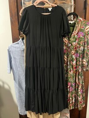 J Crew Black Tiered Short-Sleeve Midi Dress - Women's